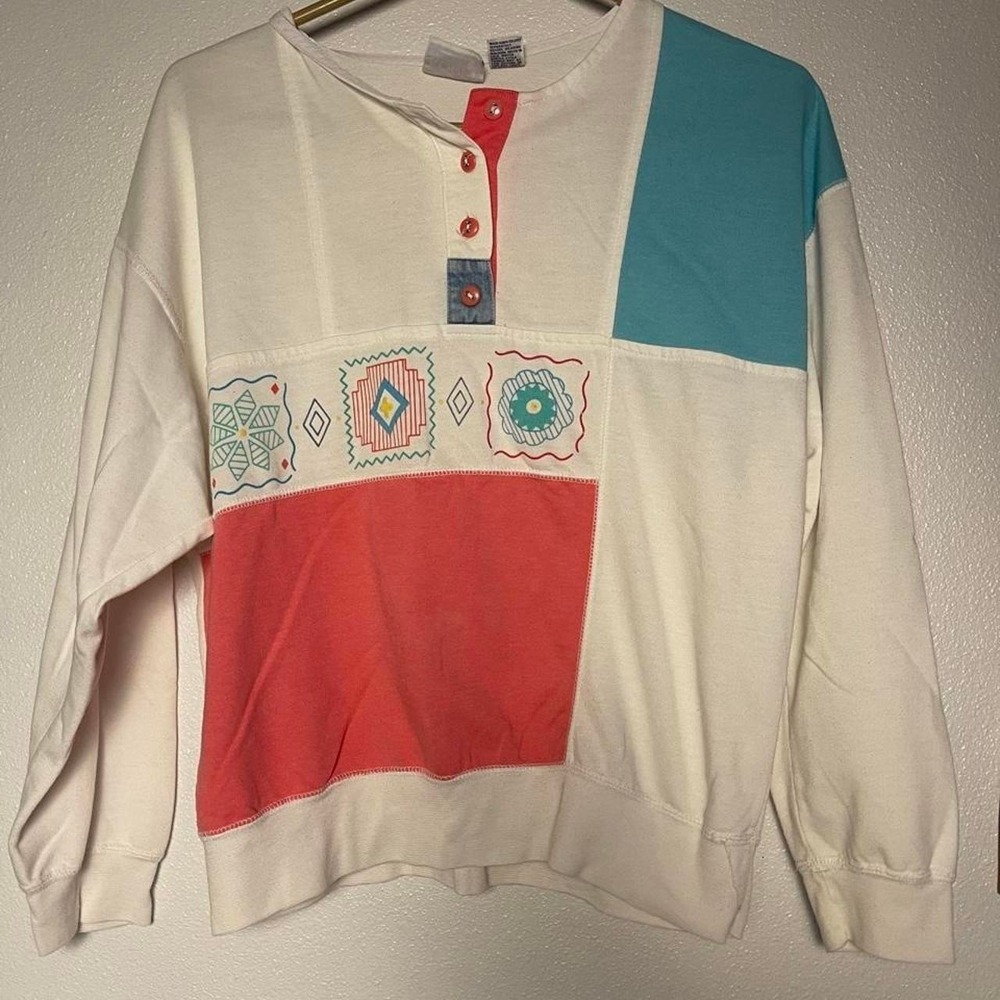 Vintage 80s/90s Colorblock Embroidered Henley Sweatshirt
